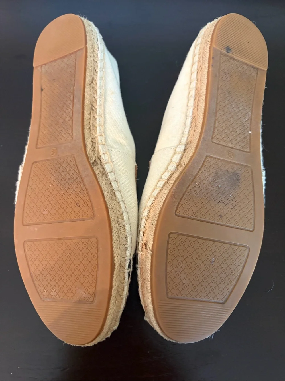 Tory Burch Cream Canvas Espadrilles with Navy & Tan Leather Trim